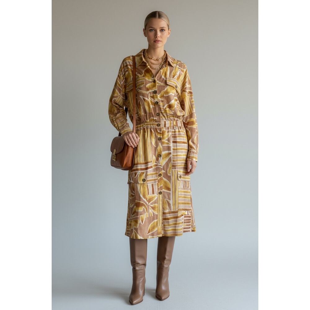 NWT Dee Ocleppo cotton midi shirt dress in a gorgeous retro abstract print of go
